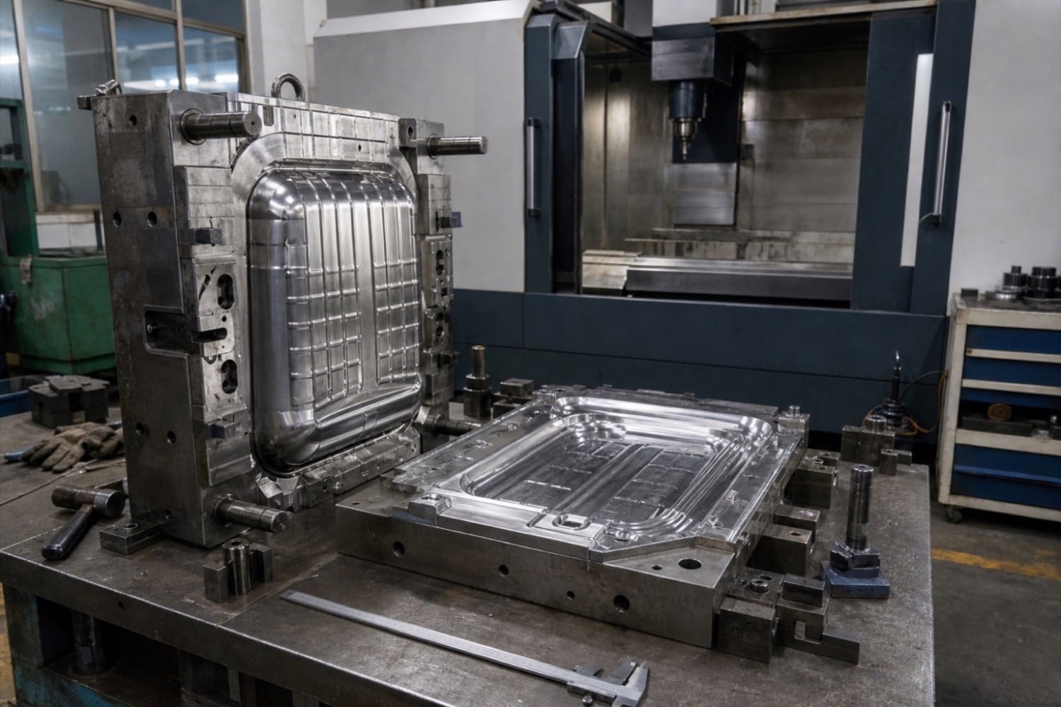 An open steel injection mould for a hard-shell suitcase panel in the tooling workshop